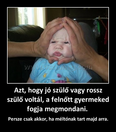 Azt, hogy jó szülő vagy rossz szülő voltál, a felnőtt gyermeked fogja megmondani. 
 
Persze csak akkor, ha méltónak tart majd arra.