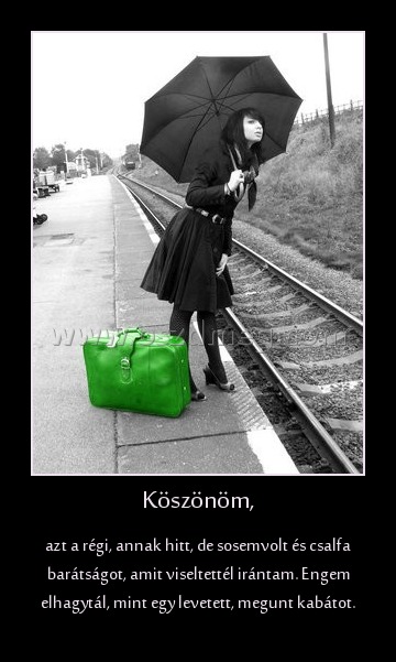 Köszönöm,
 
azt a régi, annak hitt, de sosemvolt és csalfa barátságot, amit viseltettél irántam. Engem elhagytál, mint egy levetett, megunt kabátot.