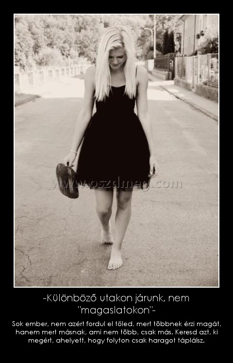 -Különböző utakon járunk, nem "magaslatokon"-
 
Sok ember, nem azért fordul el tőled, mert többnek érzi magát, hanem mert másnak, ami nem több, csak más. Keresd azt, ki megért, ahelyett, hogy folyton csak haragot táplálsz.